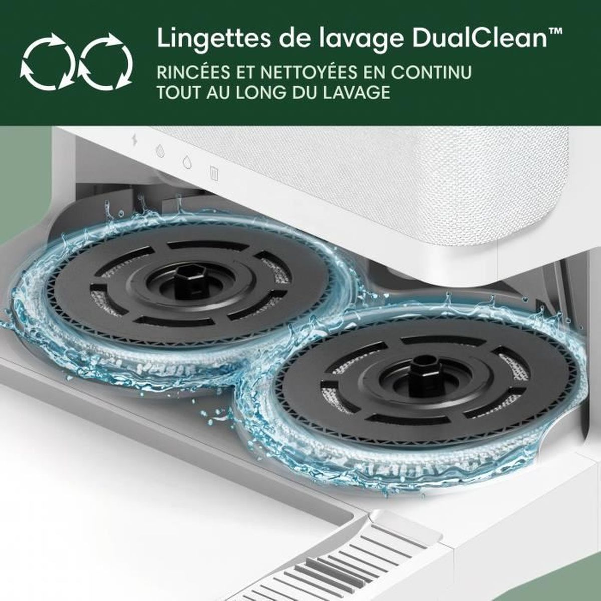 Dos almohadillas de limpieza giratorias rodeadas de agua.