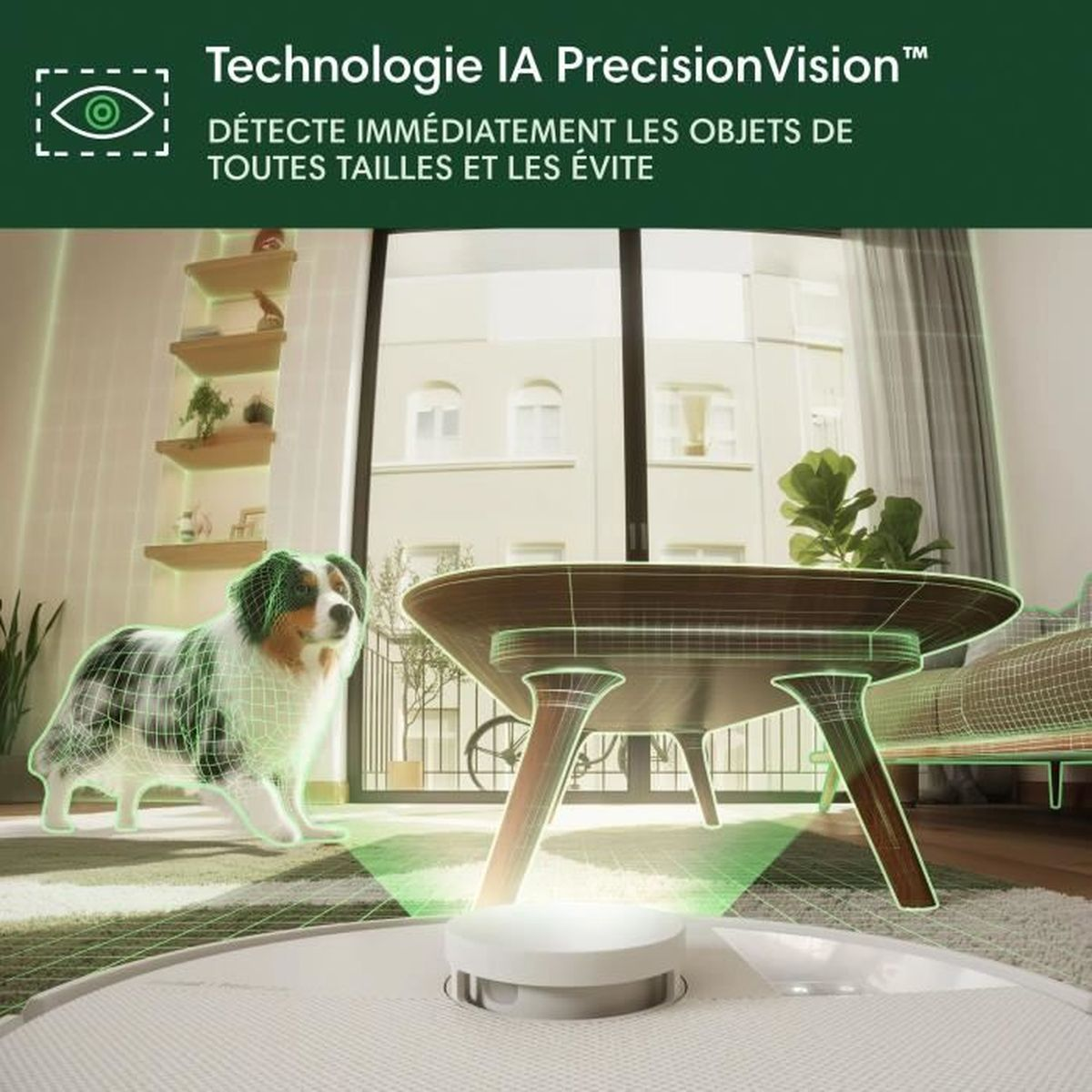 Un perro junto a una mesa que limpia un robot.