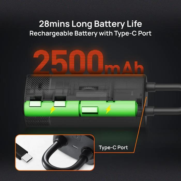2500mAh şarj edilebilir pil, Type-C bağlantı noktası, 28 dakika kullanım.