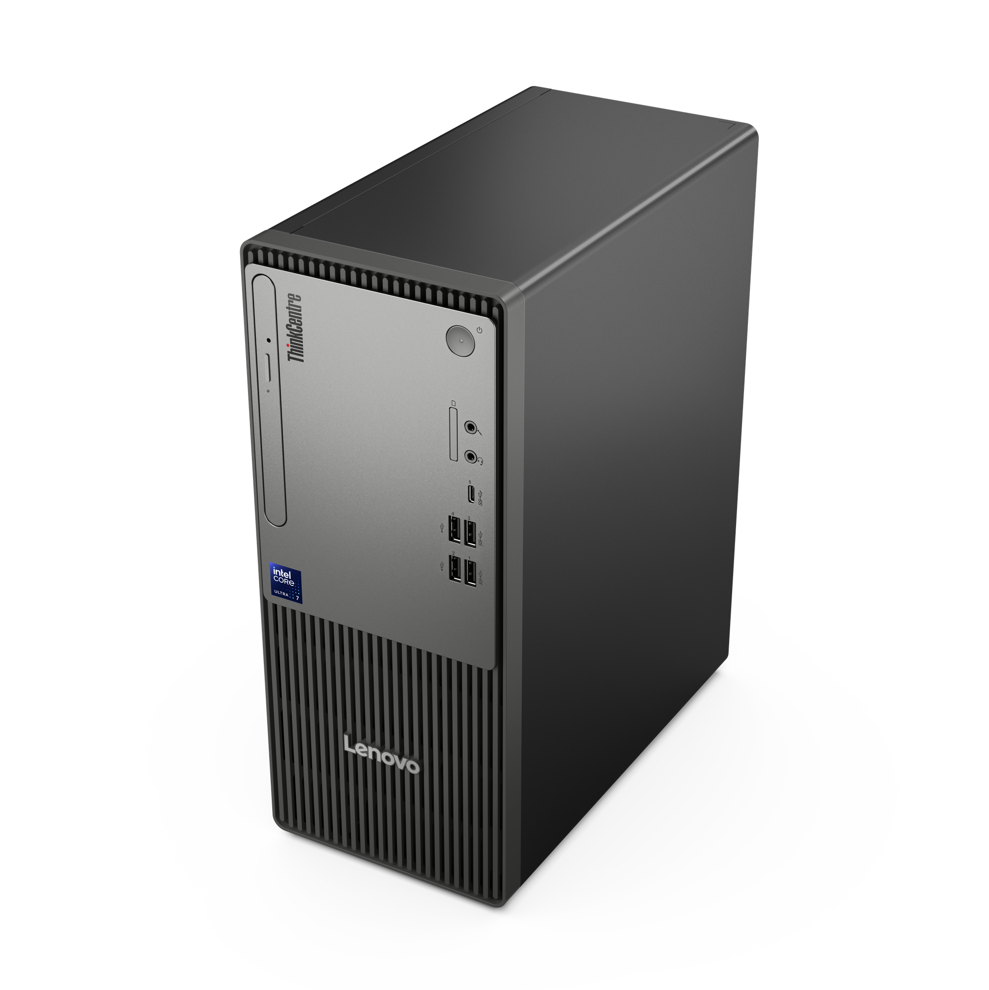 PC de sobremesa Lenovo ThinkCentre negro con panel frontal plateado y pegatina Intel Core i7.