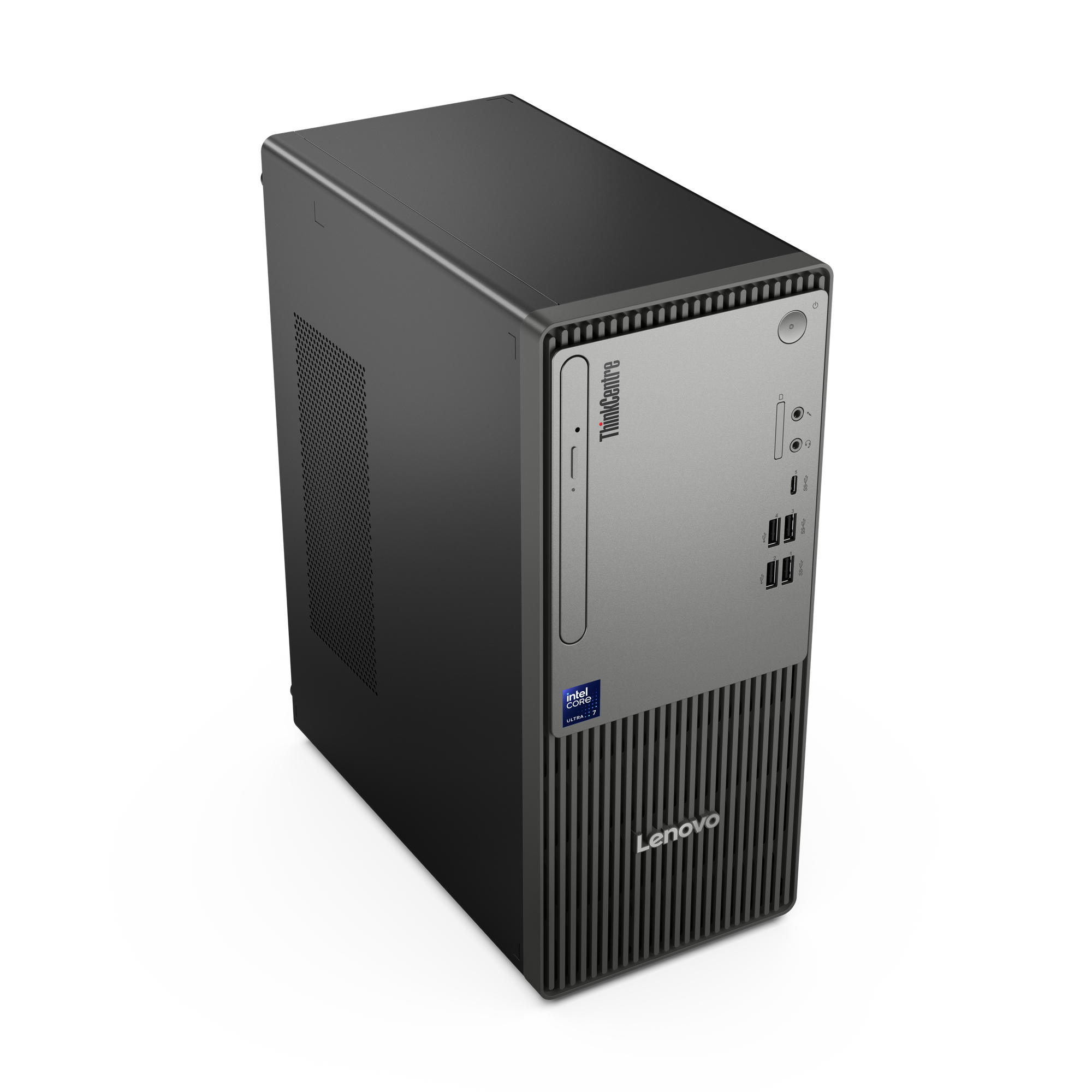 Un PC negro Lenovo ThinkCentre con pegatina Intel Core Ultra 7.