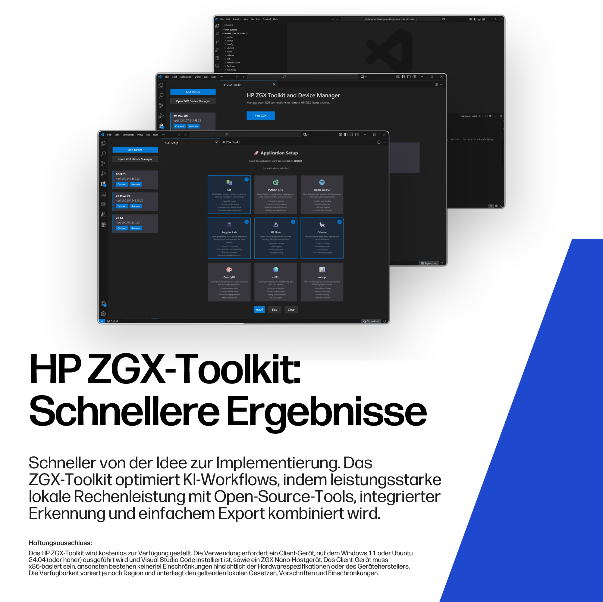 HP ZGX Toolkit displays applications like Git and Python.