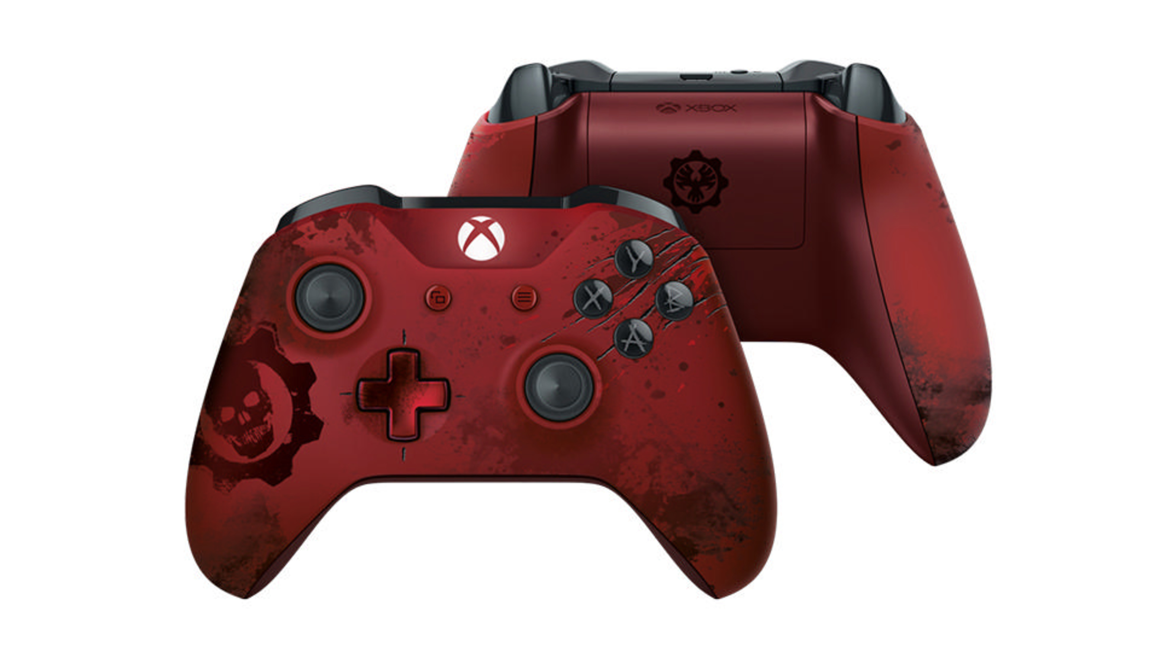 Zwei rote Xbox-Controller mit Gears of War-Design, auf weißem Hintergrund.