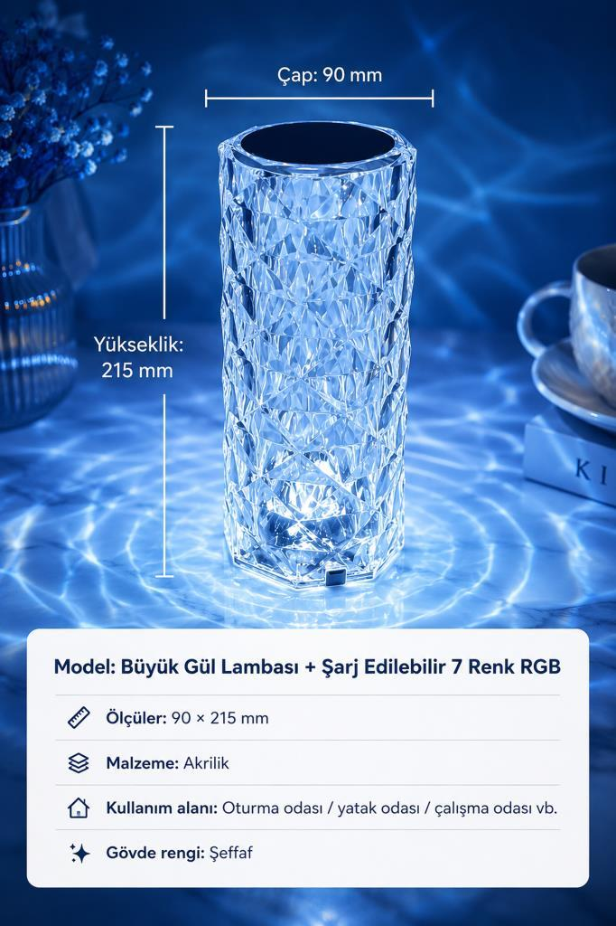 Mavi ışık yayan şeffaf akril fasetli lamba, boyutları 90x215mm.
