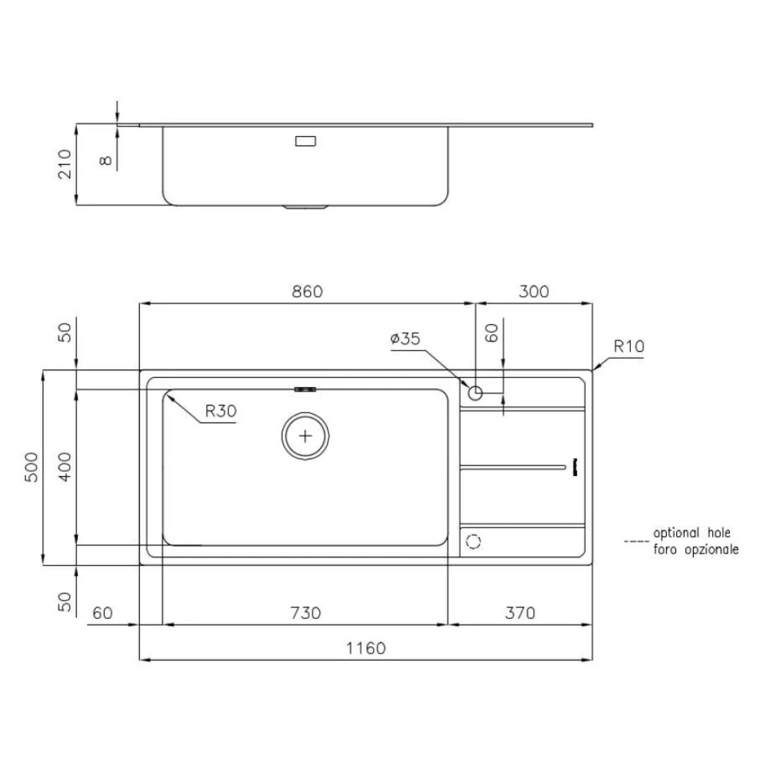 Disegno tecnico di un lavello con dimensioni e dettagli.