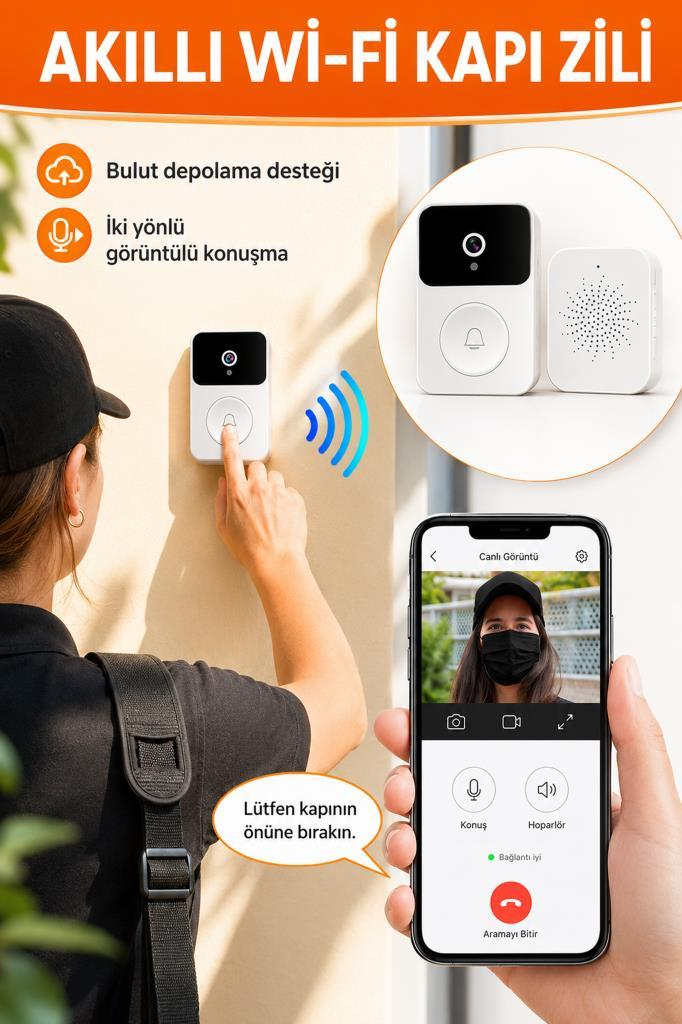 Kişi akıllı bir kapı zilini çalıyor, cep telefonu ekranında gösteriliyor.