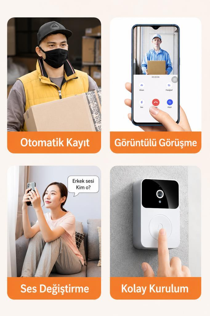Paketli adam; telefon görüntülü görüşme; telefonlu kadın; parmakla basılan kapı zili.