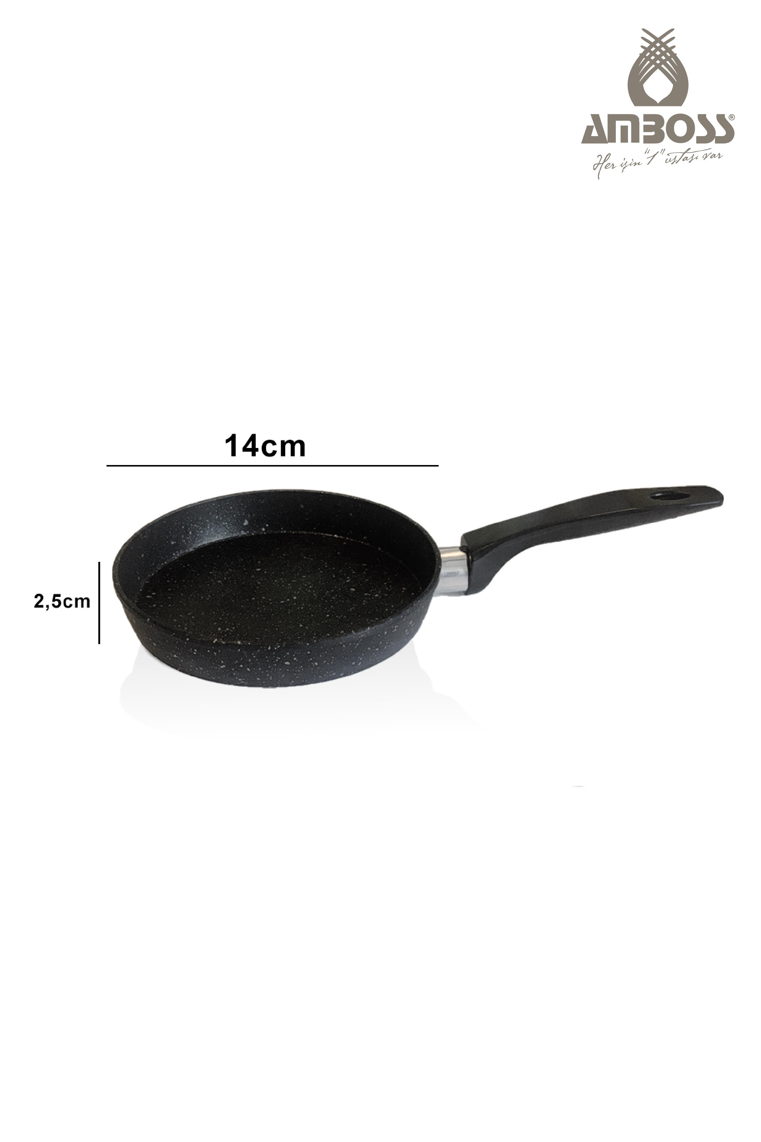 Siyah saplı siyah tava, 14cm çap, 2.5cm yükseklik.