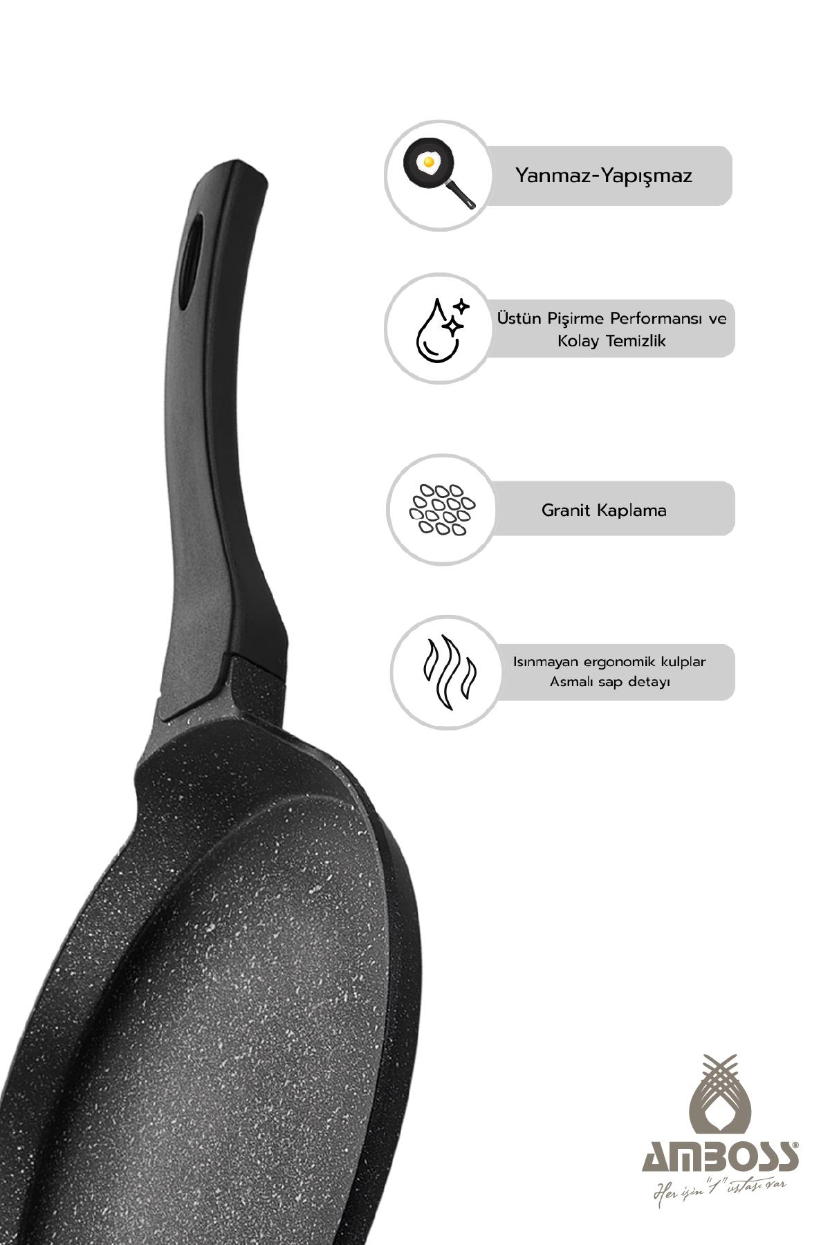 Granit kaplamalı, ergonomik saplı siyah tava.