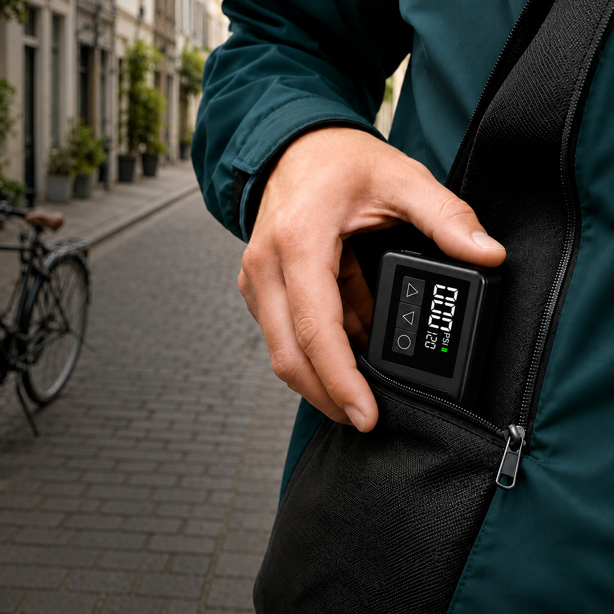 Mann nimmt einen schwarzen Reifendruckprüfer aus einer Tasche.