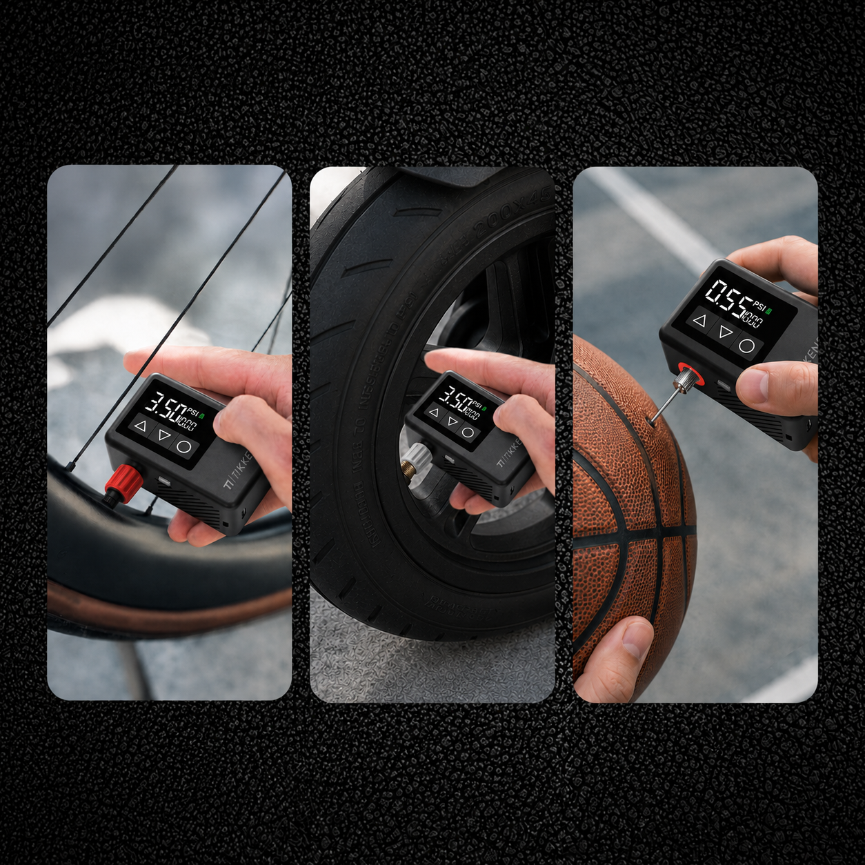 Tragbarer Reifendruckprüfer wird an einem Fahrradreifen, Rollerreifen und Basketball verwendet.