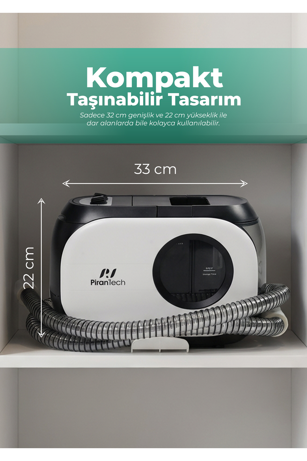 33 cm genişlik ve 22 cm yüksekliğe sahip siyah beyaz cihaz.