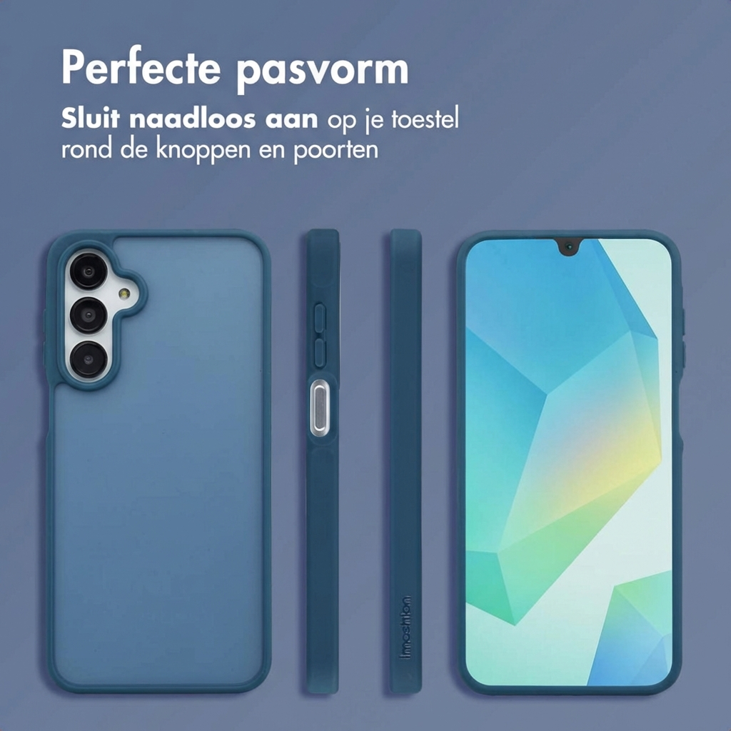 Custodia blu per telefono mostrata da dietro, lato e fronte con schermo.