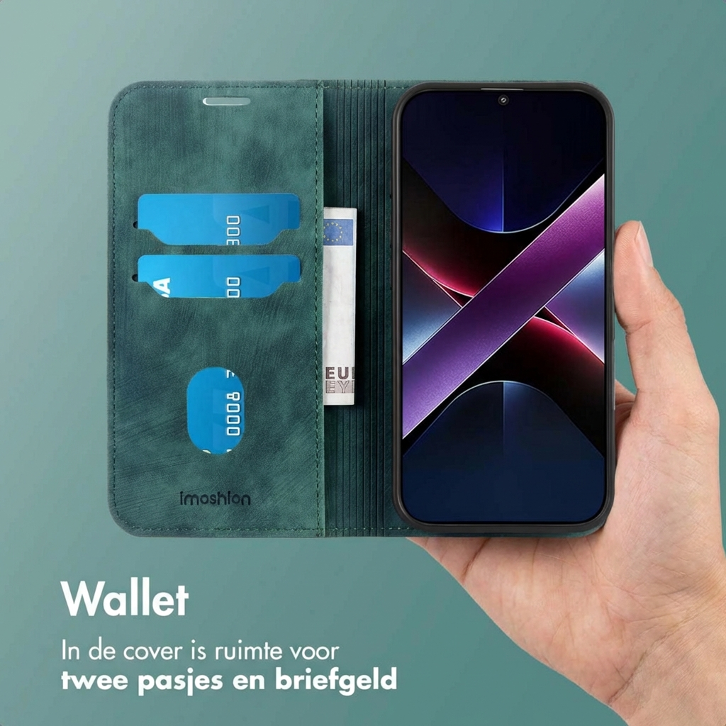 Custodia a portafoglio verde per telefono con slot per carte e scomparto banconote, tenuta in mano.