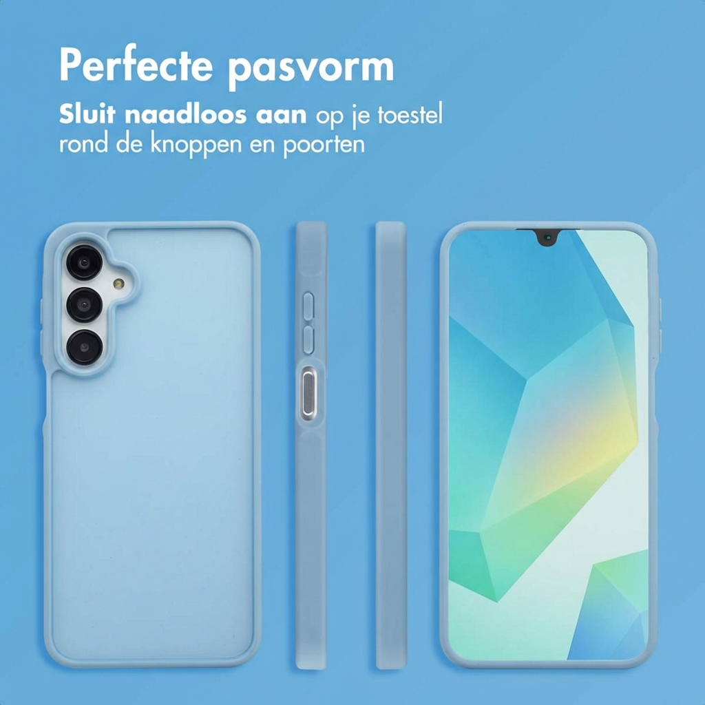 Viste posteriori e laterali di una custodia per telefono azzurra su sfondo blu.
