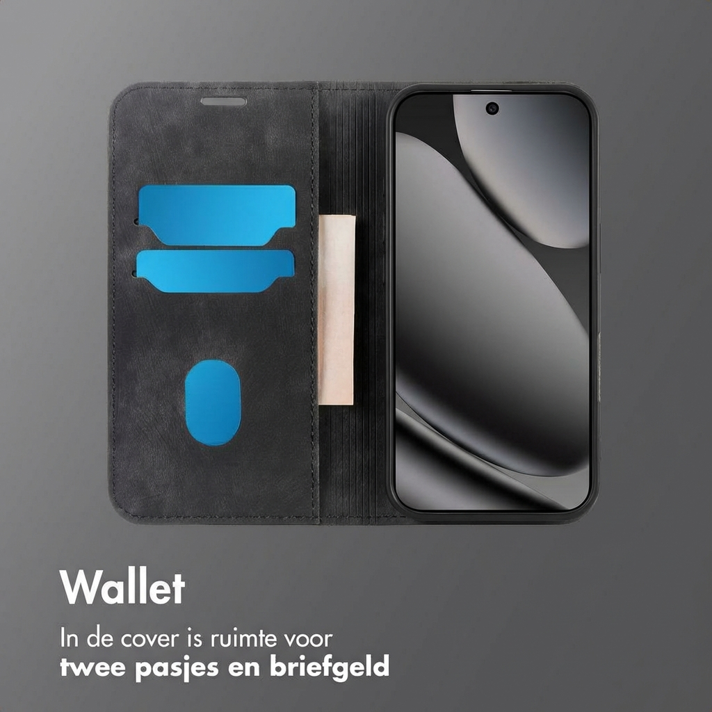 Custodia a portafoglio nera per telefono con slot per carte e tasca per soldi. Uno smartphone è inserito.