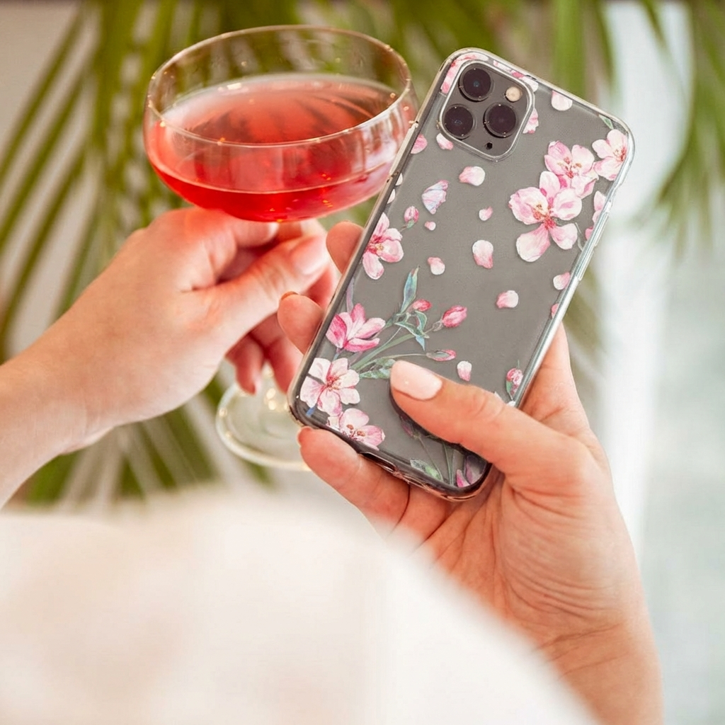 Hands hold a floral phone case and a glass with red drink.