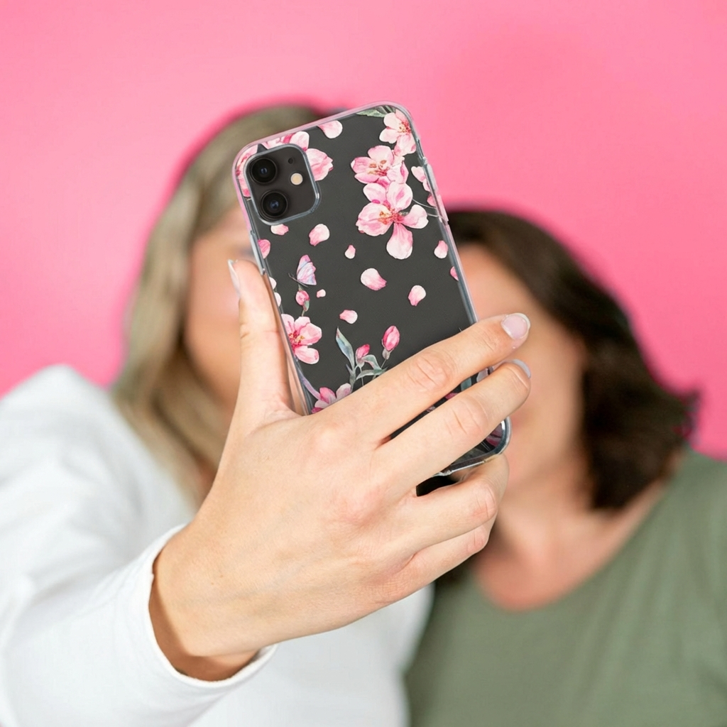 Two women in foreground, one holding a phone with a floral pattern.