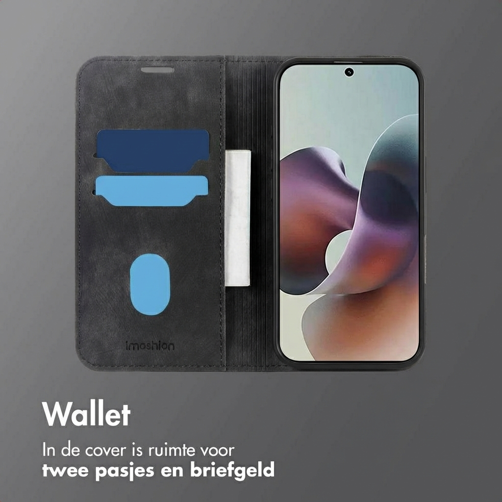Portafoglio nero con alloggiamento per telefono. All'interno ci sono slot per carte e spazio per contanti.