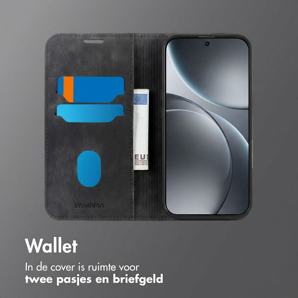 Custodia a portafoglio nera per telefono con 2 fessure per carte e scomparto.