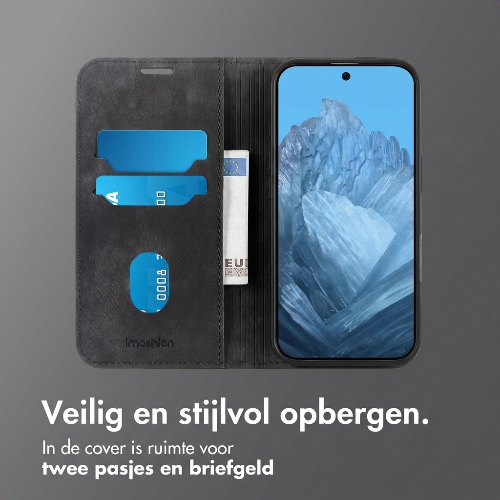 Custodia nera a flip per telefono con slot per carte e tasca per contanti.