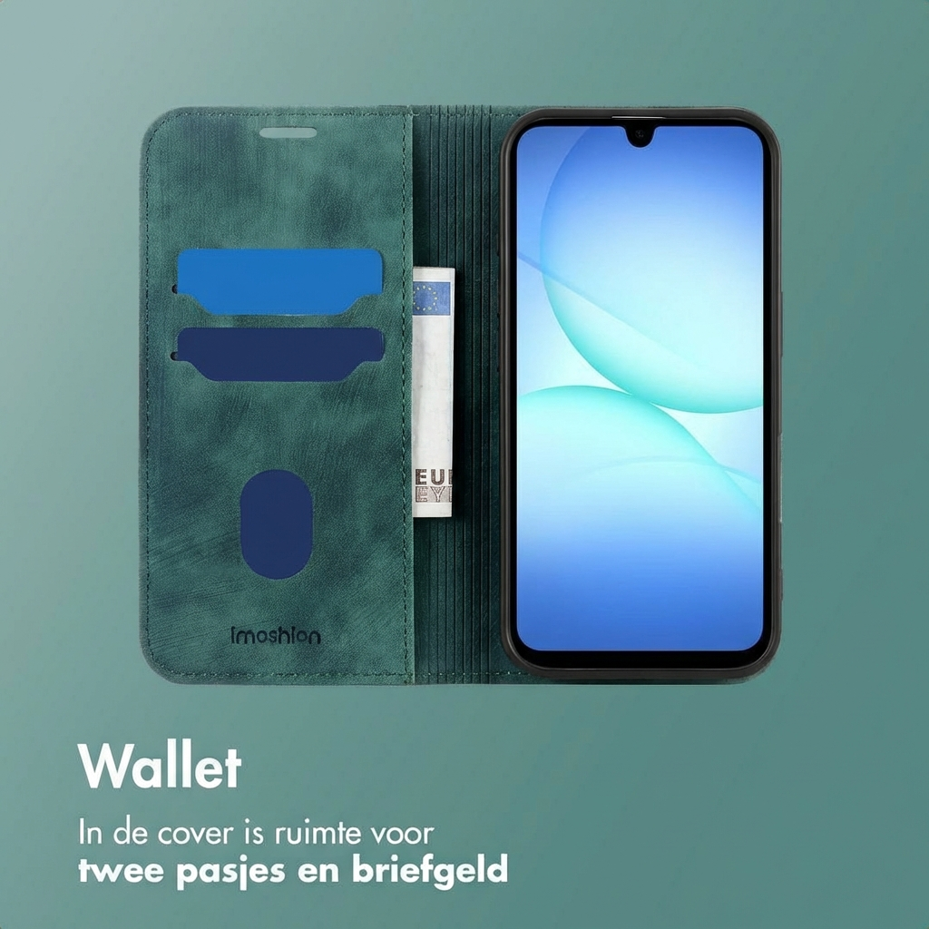 Custodia verde per telefono con slot per carte e tasca porta soldi, accanto a uno smartphone.