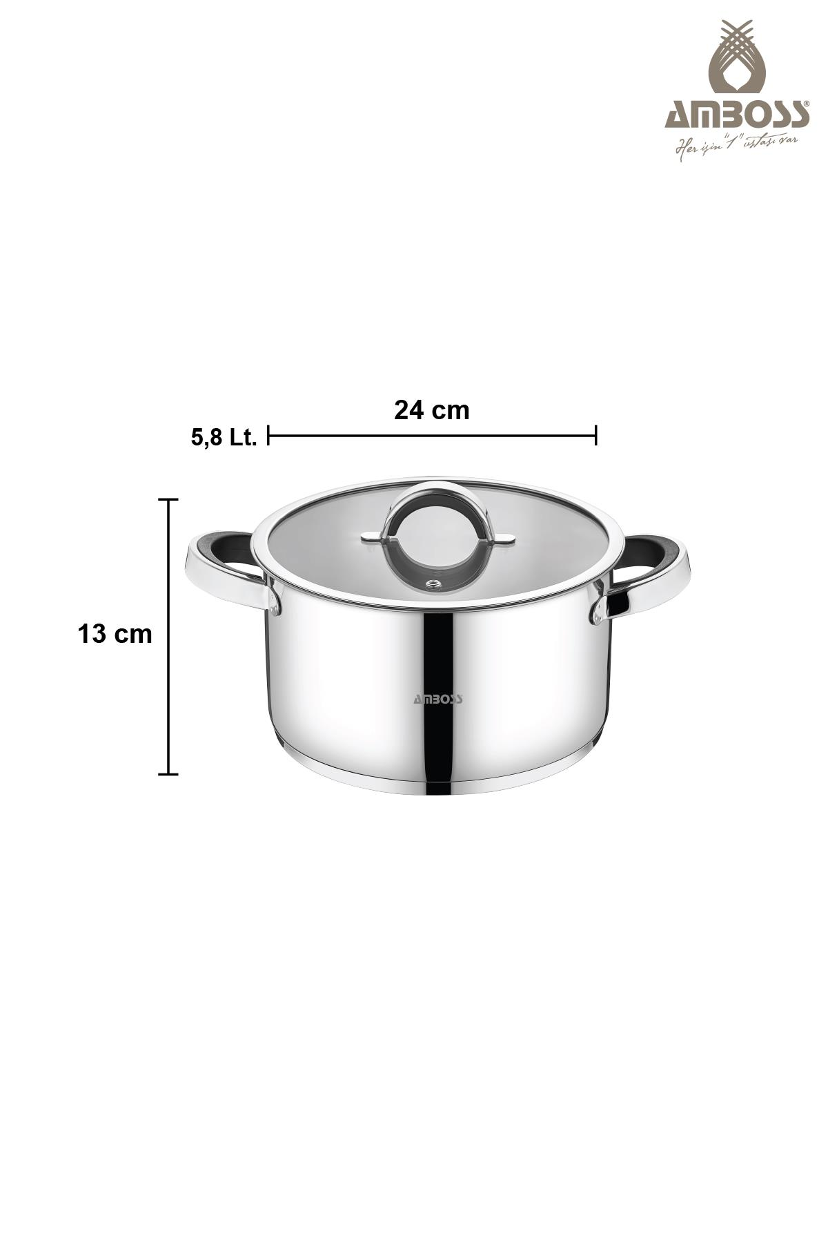 Çelik tencere cam kapaklı, 24 cm çap, 13 cm yükseklik, 5.8 L.
