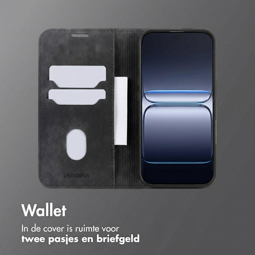 Custodia a portafoglio nera per telefono con fessure per carte e un telefono.