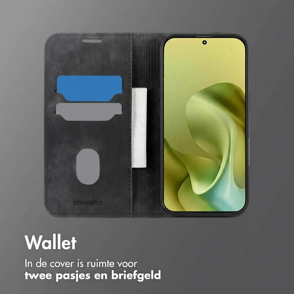 Custodia a portafoglio nera aperta, con fessure per carte e uno smartphone.