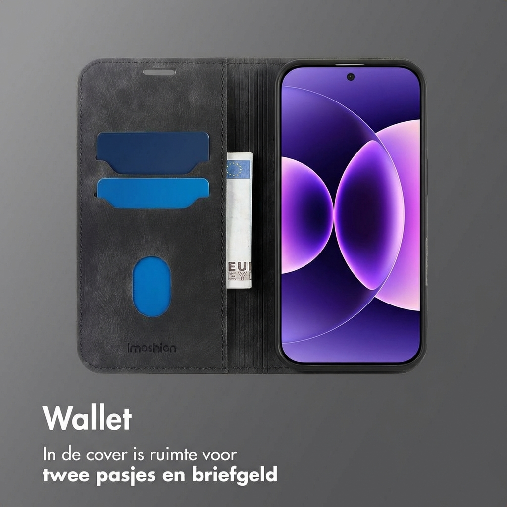 Custodia a portafoglio nera per telefono con slot per carte e tasca per soldi. Sfondo viola.