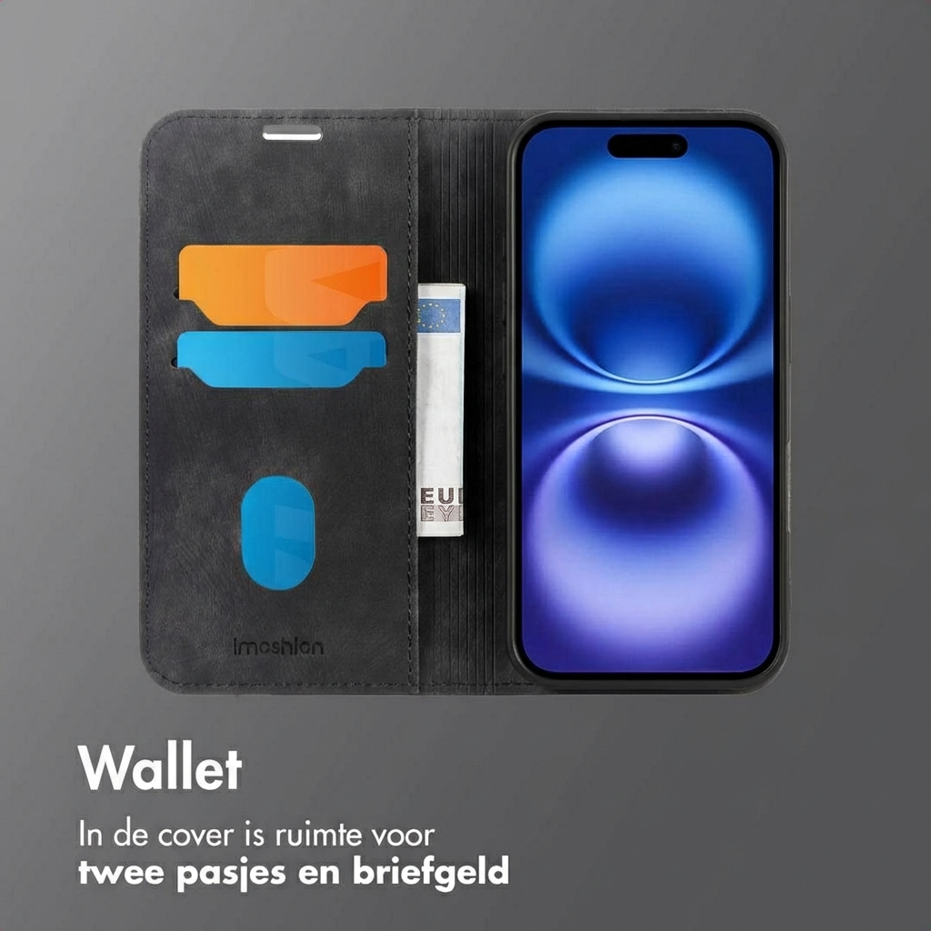 Portafoglio telefono nero con 2 fessure per carte, una tasca per contanti e un telefono.