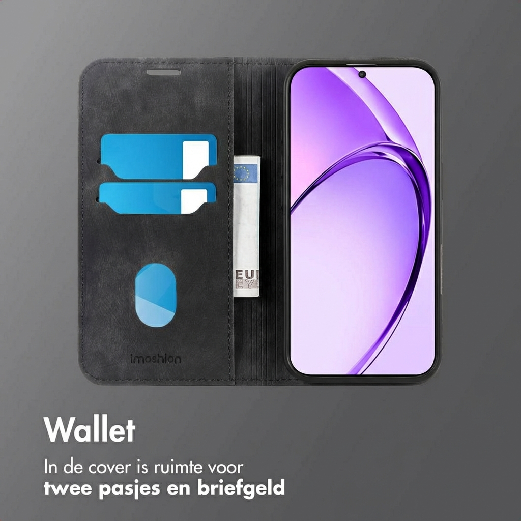 Custodia nera per telefono con slot per carte e tasca per contanti, accanto a uno smartphone.