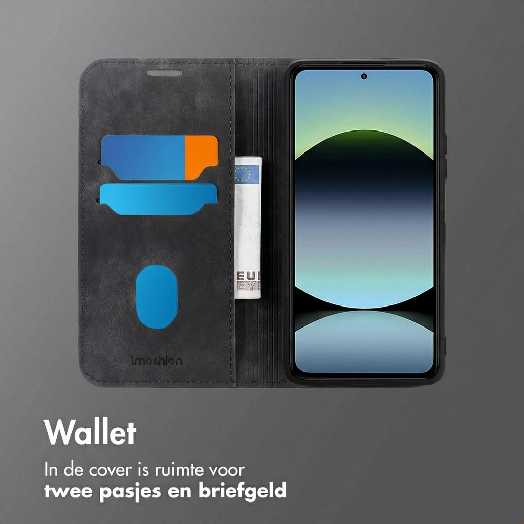 Custodia a portafoglio nera per smartphone con slot per carte e tasca.