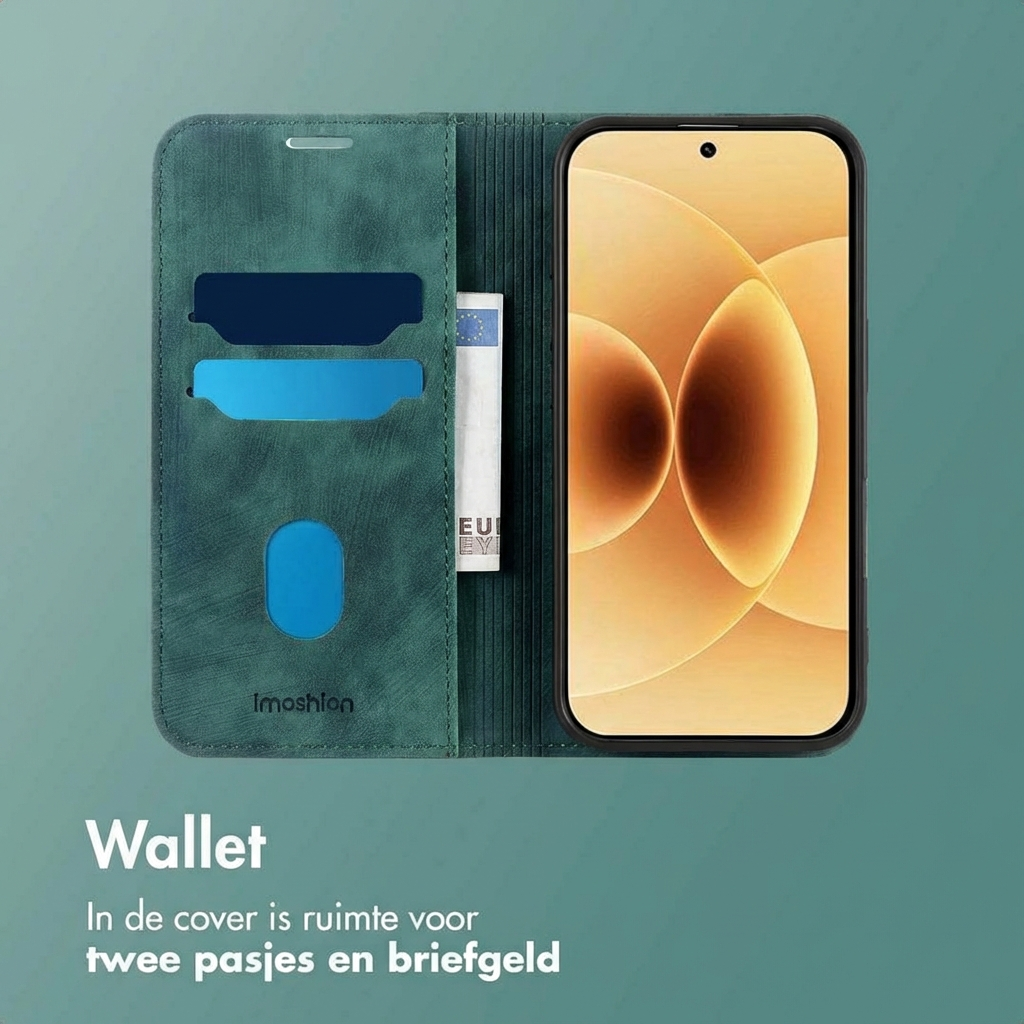 Custodia a portafoglio verde per telefono con slot per carte e tasca per soldi.