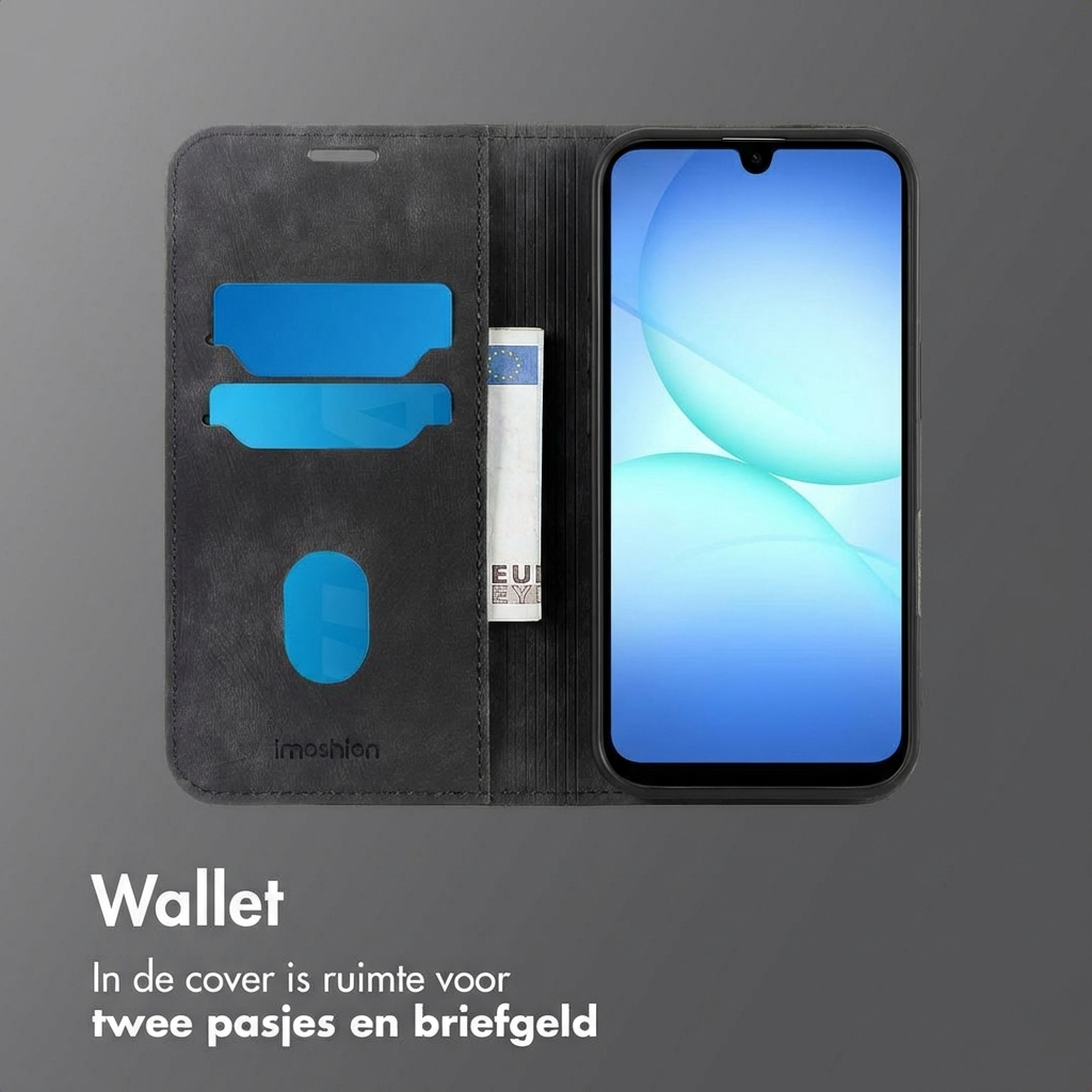 Custodia grigia per telefono con slot per carte e contanti. Smartphone con sfondo blu.