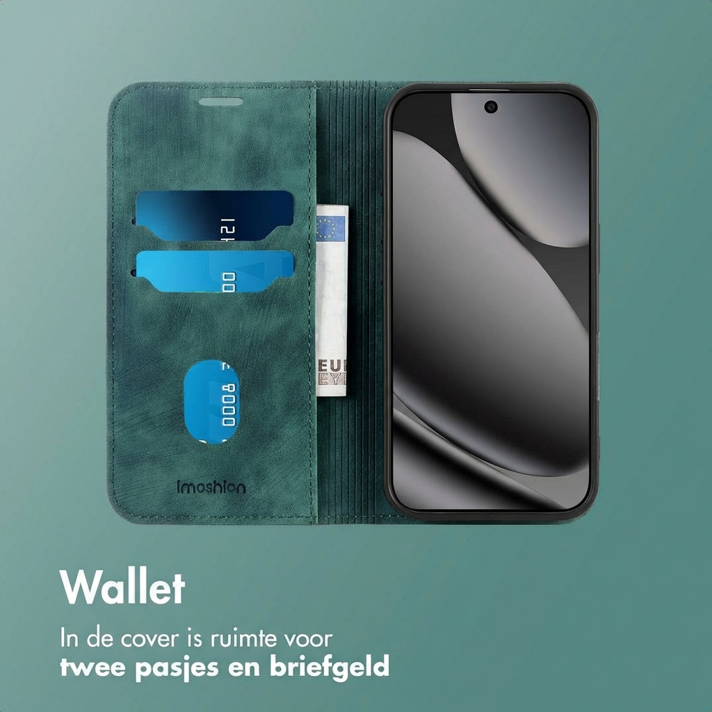 Portafoglio verde con slot telefono, slot carte e scomparto contanti.
