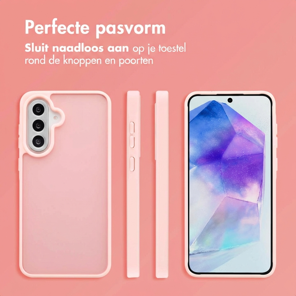 Een roze telefoonhoesje wordt vanuit meerdere hoeken getoond, naast een telefoon.