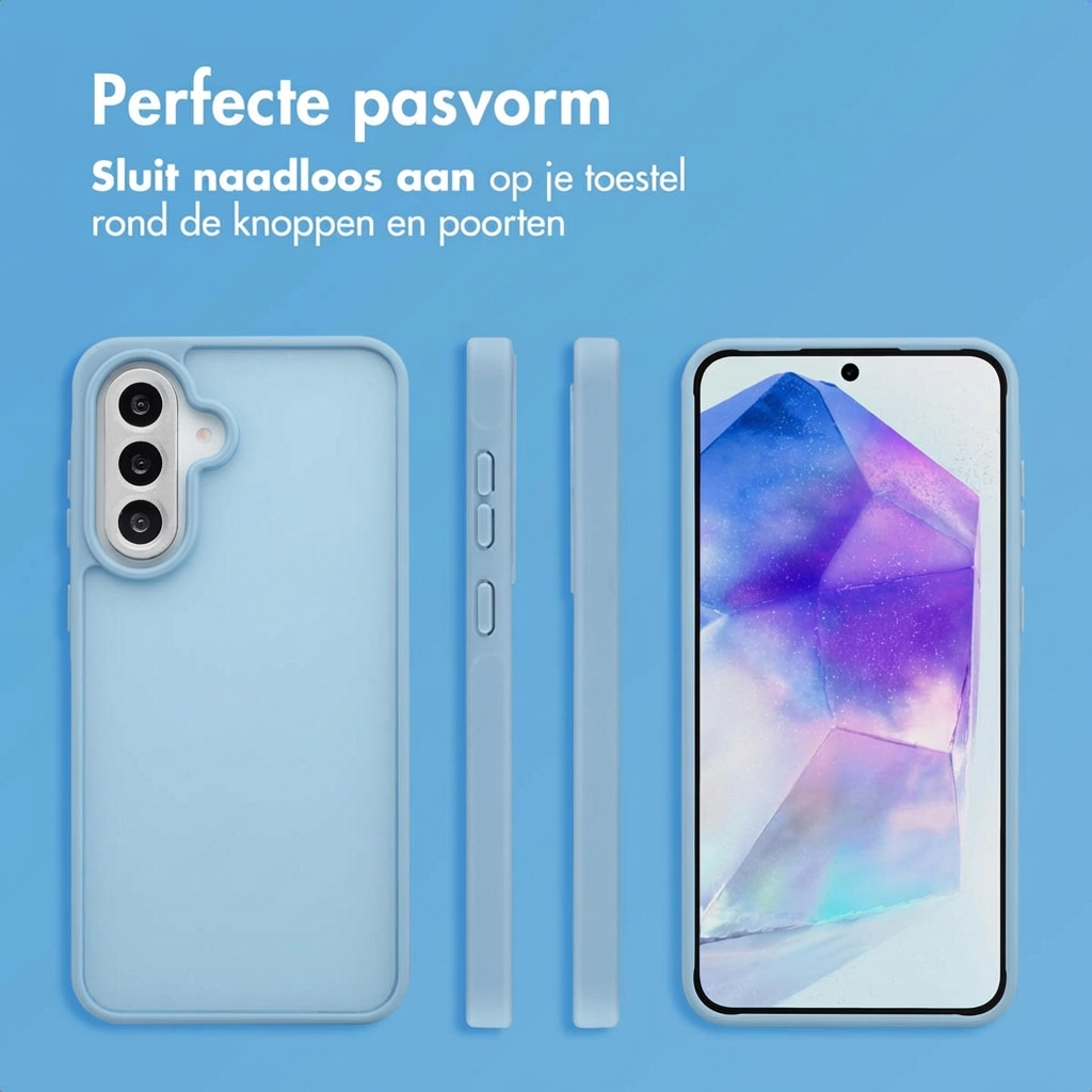 Custodia per telefono azzurra, vista posteriore e laterale, telefono con sfondo di cristallo