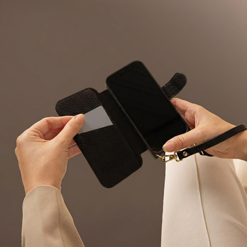 Una persona inserisce una carta grigia in una custodia per telefono nera.