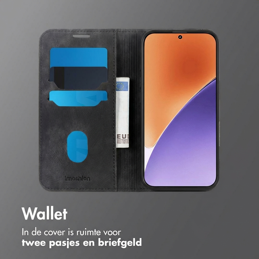 Custodia a portafoglio nera per telefono con slot per carte e contanti. Il telefono è inserito.