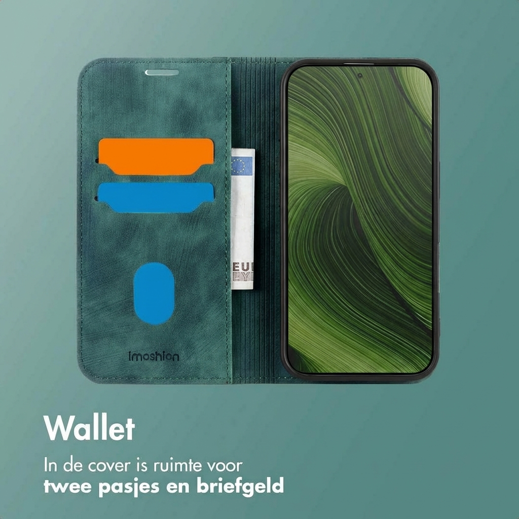 Custodia a portafoglio verde con slot per carte, scomparto banconote e telefono.