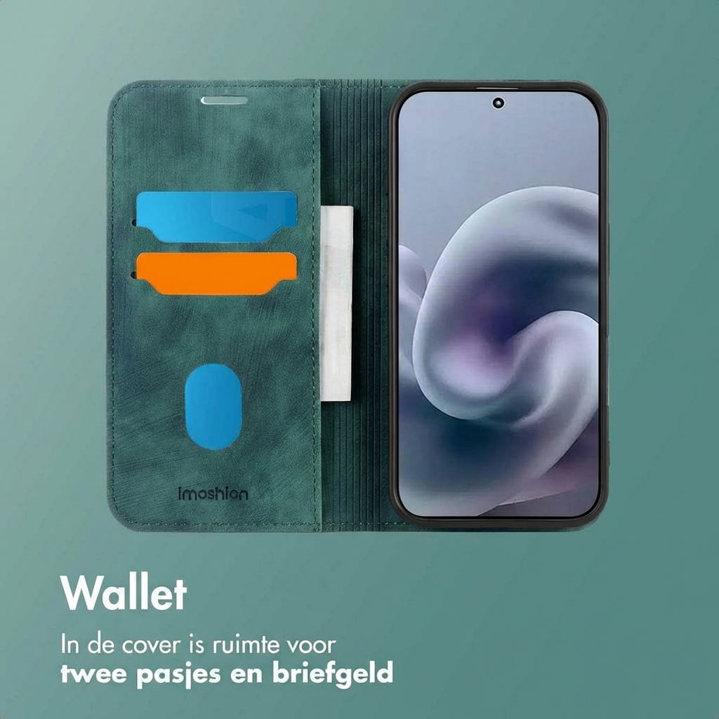 Una custodia a portafoglio verde per telefono con slot per carte e uno smartphone.