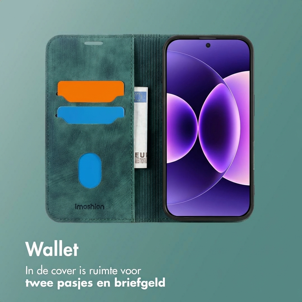 Custodia a portafoglio verde con telefono, due fessure per carte e scomparto banconote.