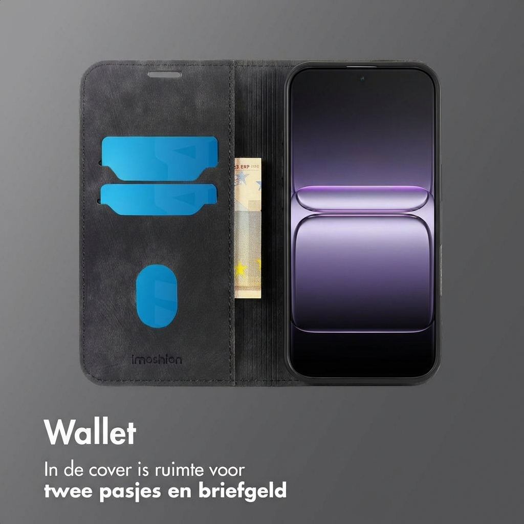 Portafoglio nero con telefono, slot per carte e banconota. Slot per 2 carte.