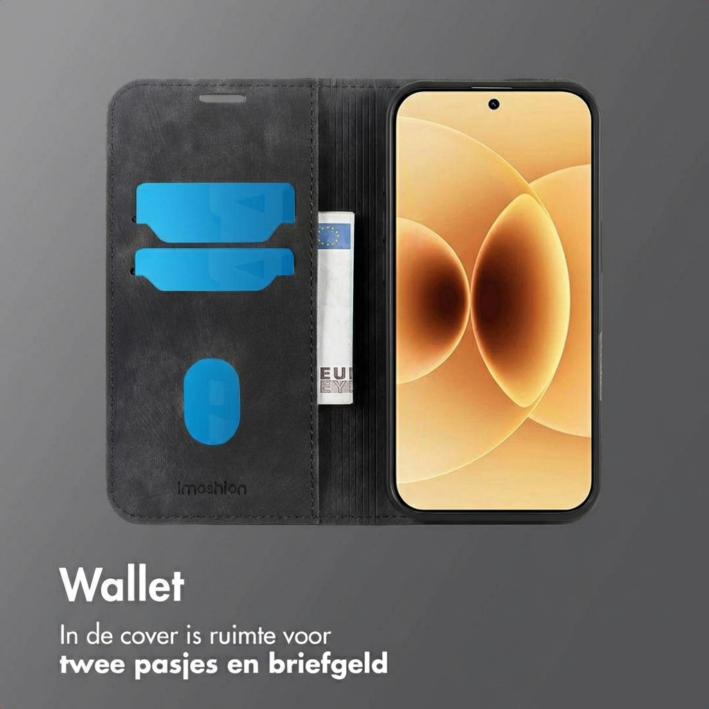 Portafoglio nero per telefono con due fessure per carte e tasca per contanti.