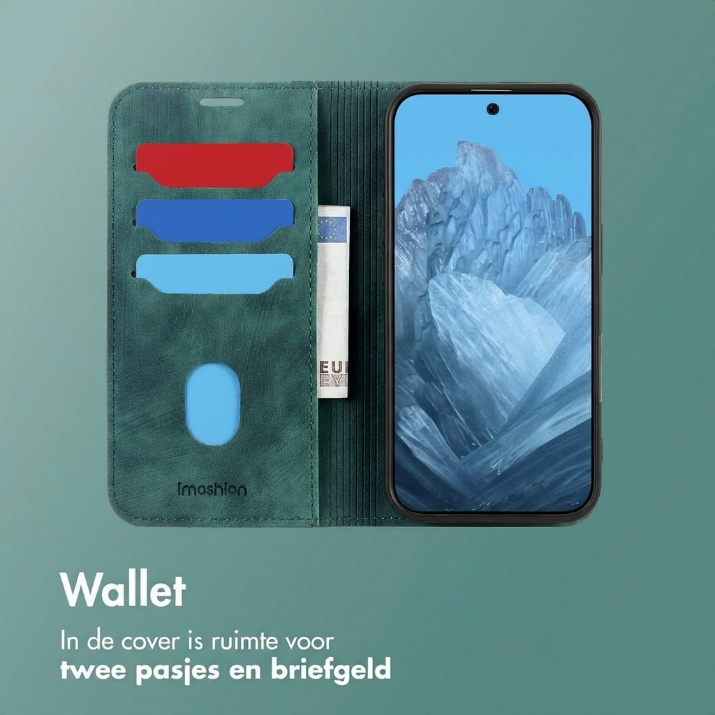 Custodia verde per telefono con slot per carte, una banconota in euro e uno smartphone.
