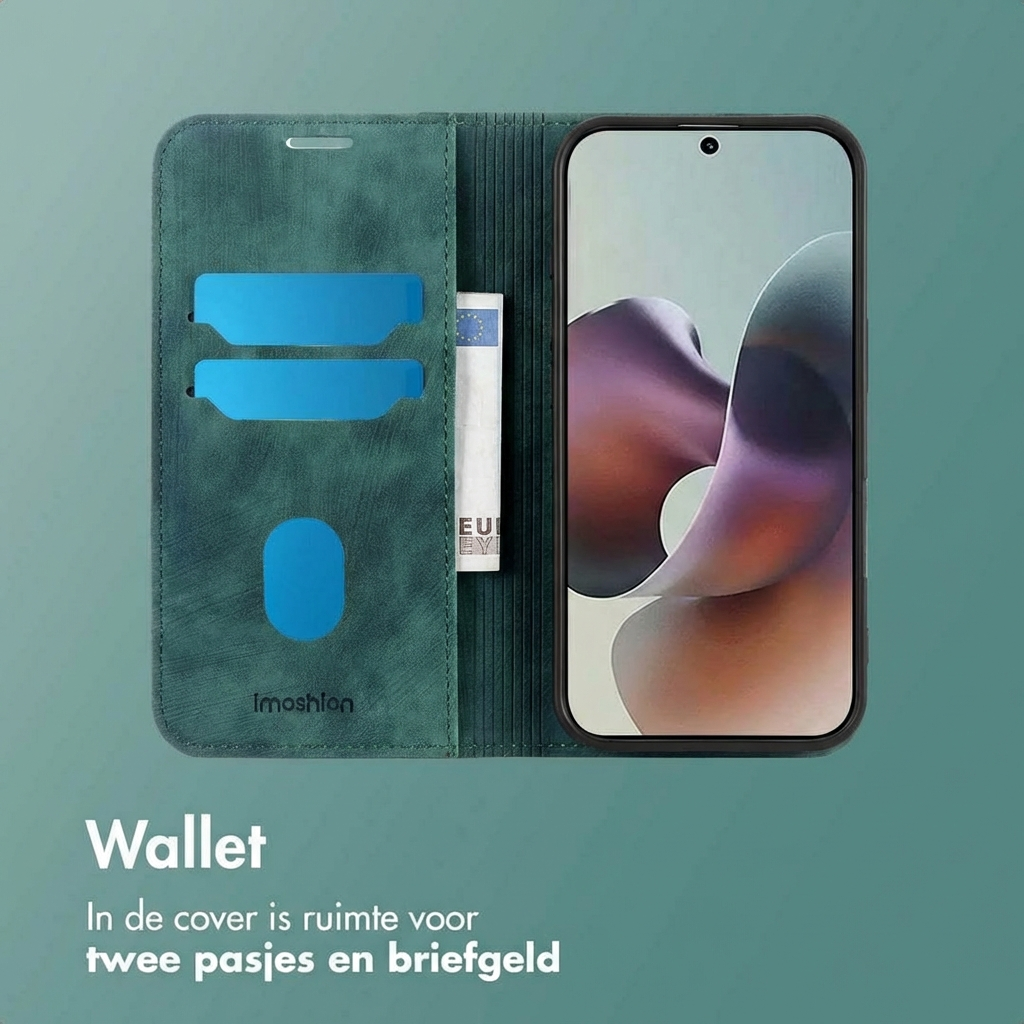Custodia a portafoglio verde per telefono con slot per carte e tasca per contanti.