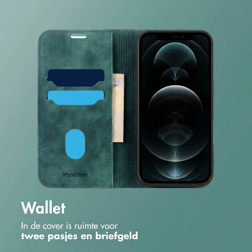 Ein grünes Portemonnaie-Handyhülle mit Kartenfächern und Bargeldfach neben einem Smartphone.