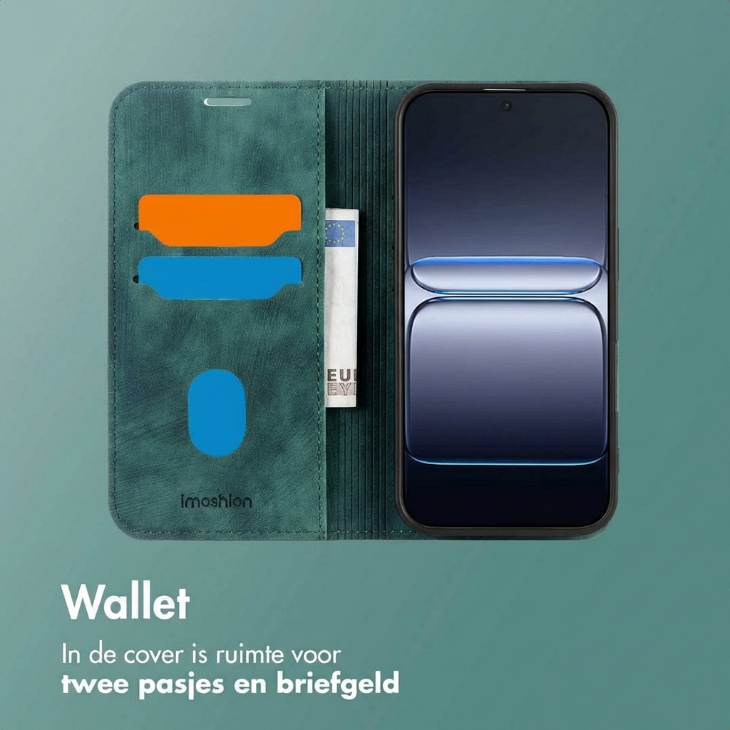 Custodia a portafoglio verde con telefono, due fessure per carte e scomparto banconote.