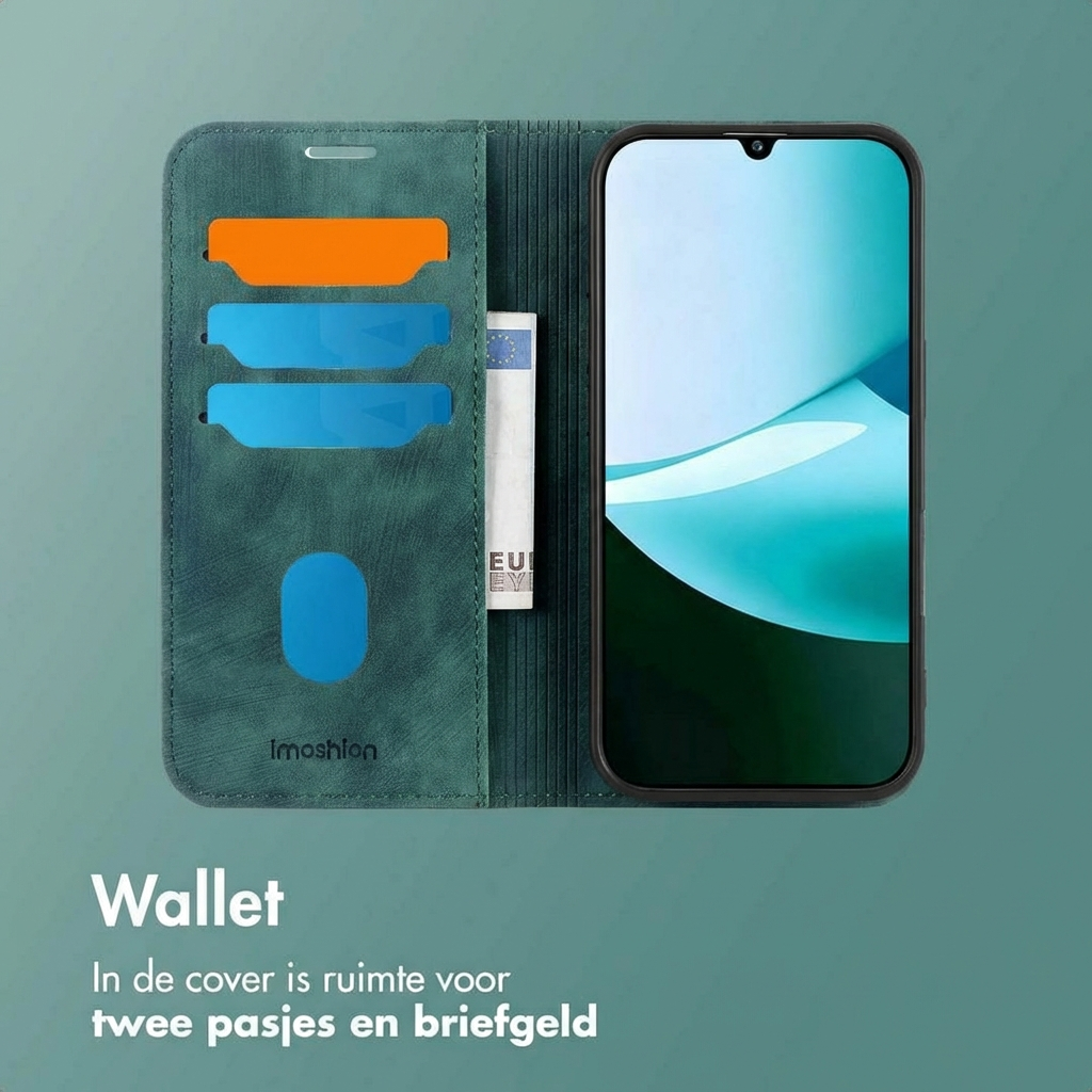 Custodia per telefono verde con slot per carte e tasca per contanti, accanto a uno smartphone.